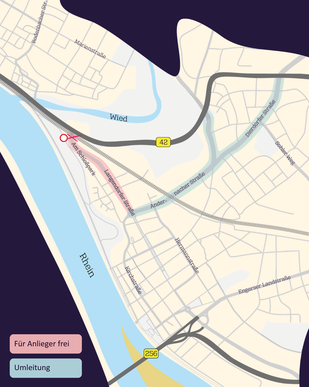 Wenn die Verbindung zwischen Langendorfer Straße und B42 gesperrt ist, wird der Verkehr über die Kreuzung Andernacher Straße/Berggärtenstraße umgeleitet. Alternativ kann auch über die Dierdorfer Straße auf die B42 (Berggärtenstraße) aufgefahren werden.