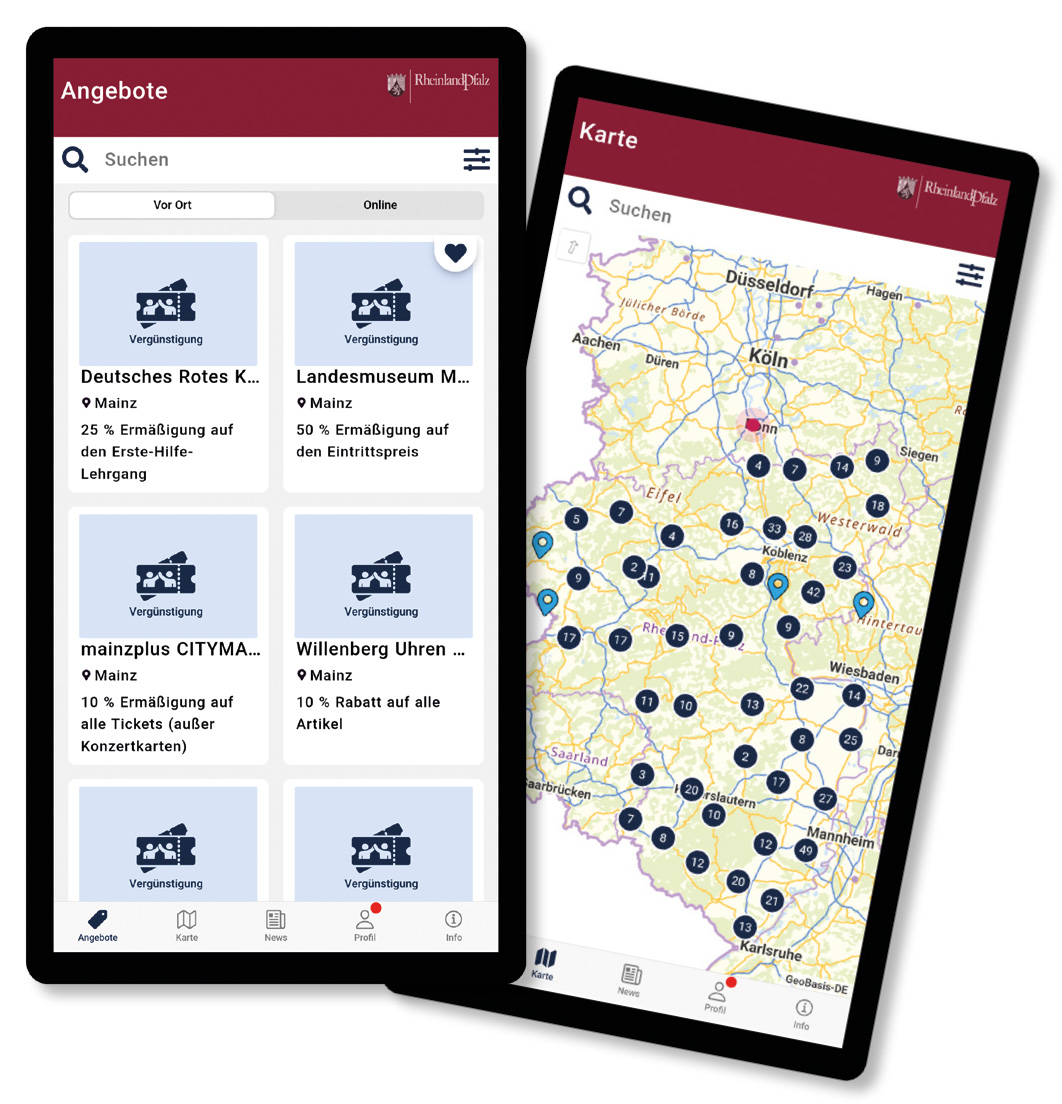 Mockuop, wie die Ehrenamtskarten-App auf einem Smartphone aussieht.