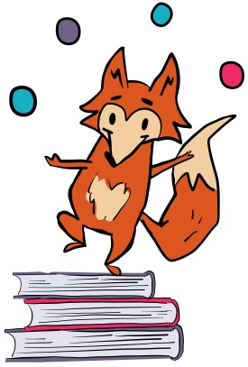 Schmuckgrafik: Ein kleiner Fuchs balanciert auf Schulbüchern und jongliert mit vier Bällen.